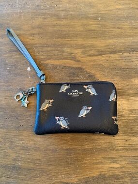 Coach Black Martini Party Owl Print Corner Zip Wristlet w/ Charms